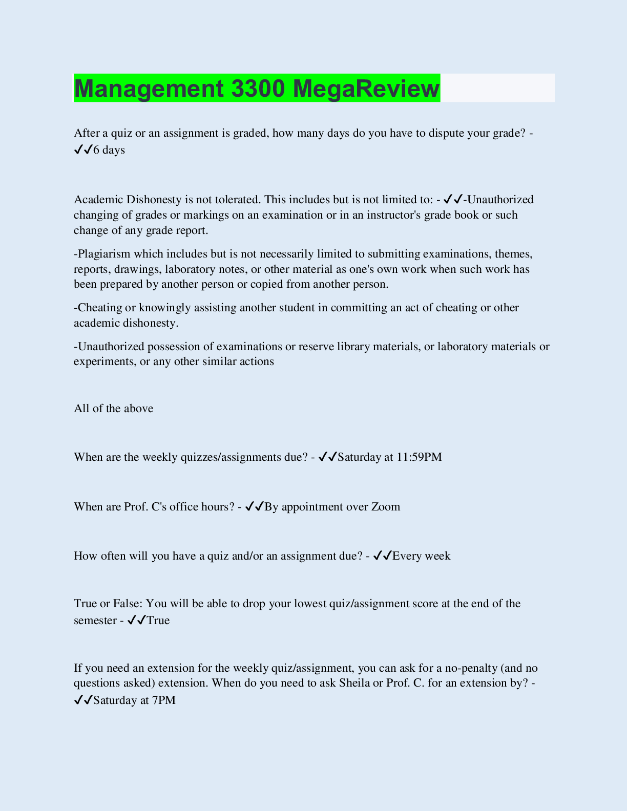 Preview image for Management 3300 MegaReview | 70 Questions with 100% Correct Answers | Updated & Verified